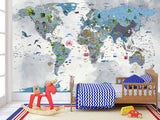 Full Wall Print For Kids Room – Peel and Stick Vinyl Mural Kids World Map With Animals