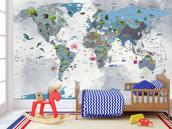Full Wall Print For Kids Room – Peel and Stick Vinyl Mural Kids World Map With Animals