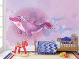 Peel and Stick Vinyl Wallpaper "Purple Dolphin For Kids" Mural Design For Playroom, Idea For A Magical Kids Room