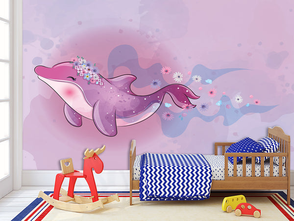 Peel and Stick Vinyl Wallpaper "Purple Dolphin For Kids" Mural Design For Playroom, Idea For A Magical Kids Room