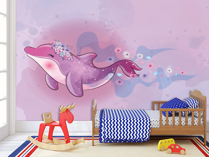 Peel and Stick Vinyl Wallpaper "Purple Dolphin For Kids" Mural Design For Playroom, Idea For A Magical Kids Room