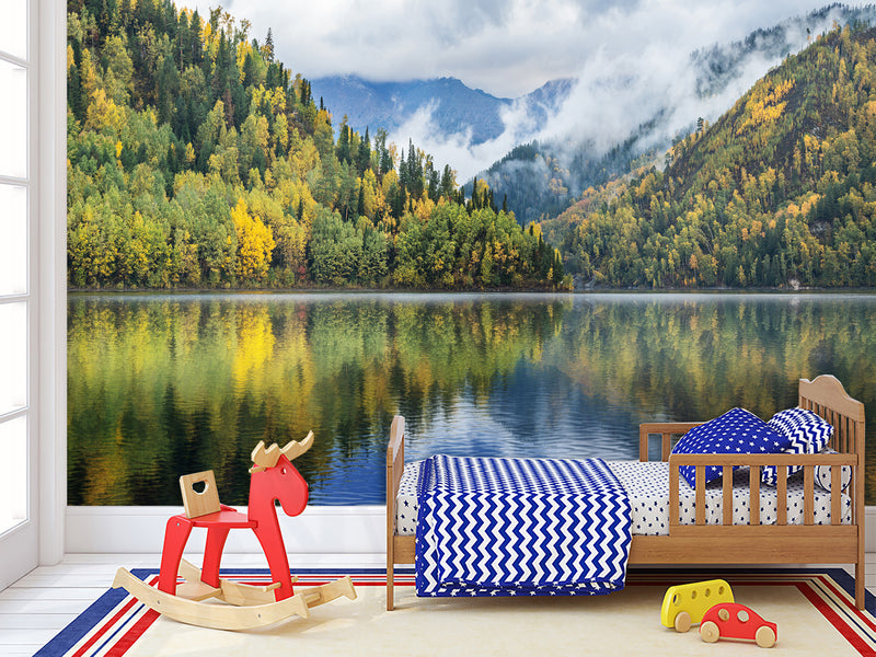 Stylish Modern Non-Woven Wallpaper 'Mountain Lake Serenity' – Wall Mural for Bedroom or Living Room
