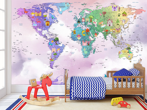 Peel and Stick Vinyl Wallpaper Rainbow-Colored Kids' World Map Mural – Interactive Print for Kids' Room