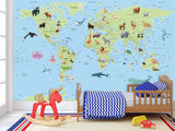 Self-Adhesive Kids' Wall Mural Full Size – Green World Map Design on Sky Blue Background