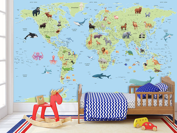 Self-Adhesive Kids' Wall Mural Full Size – Green World Map Design on Sky Blue Background