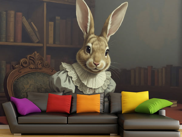 Wall mural Peel and Stick vinyl “Rabbit with a book”, vintage home decor