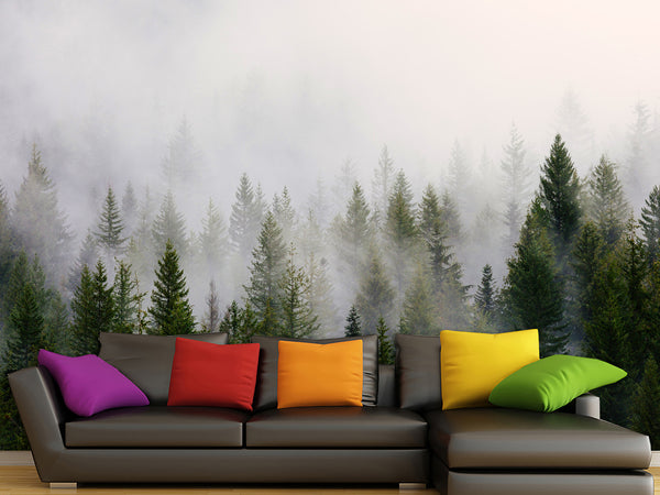 Peel and Stick beautiful photo wallpaper “Misty Forest”, Peel and Stick Oracal film for the room