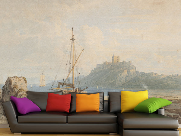 Non-Wowen Mural Full Wall Vintage Art John Varley OWS Bamborough Castle Northumberland