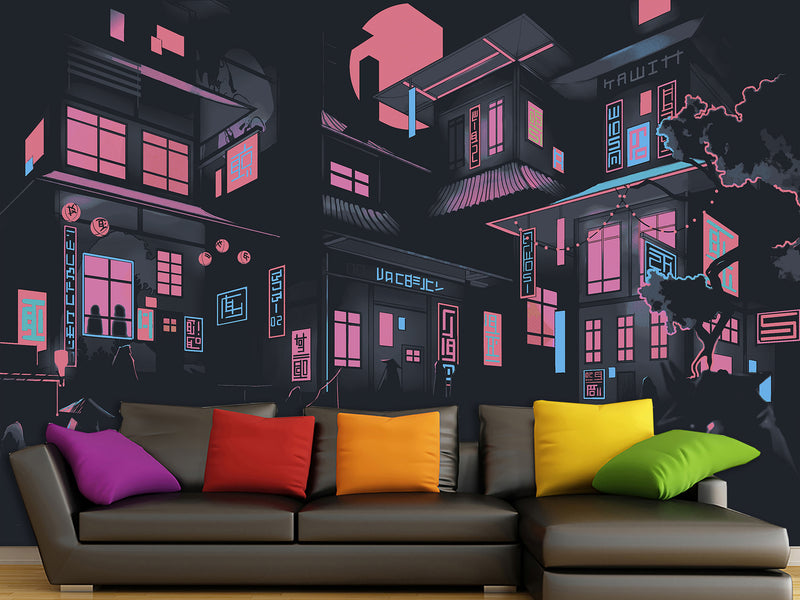 Neon City At Night – Modern Traditional Wall Mural For Interior Design 🌃