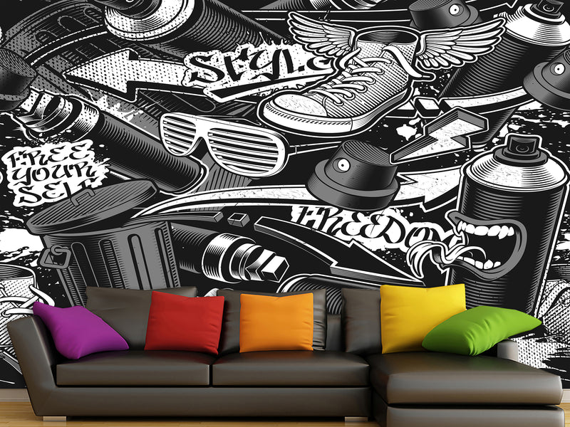 Comic Style Print High-Quality Vinyl Wallpaper Peel and Stick For Wall For Teen Room Studio "Black And White Graffiti"
