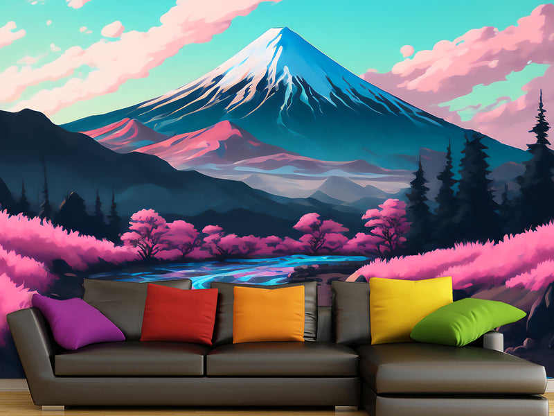 Artistic Design Vinyl Wallpaper Peel and Stick Wall Mural for Living Room, Office, Perfect for Creative Space "Mount Fuji in Anime Style" 🎨