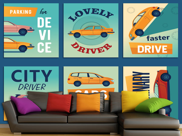 Non-Woven Photo Wallpaper Stylish Retro Car Collage for Office, Living Room, or Gym