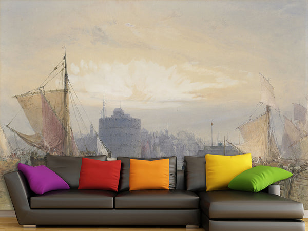 Self-Adhesive Wall Mural Full Wall Accent Wallpaper for Living Room or Bedroom Design "Fishing Boats Waiting for the Tide, Port of Havre"