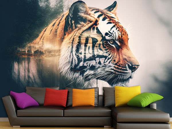 Traditional Wall Mural – “Striped bengal tiger in the forest” – Home Decor for Living Room & Bedroom