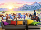 Wild West Art — Non-Woven Mural, Cowboys Watching a Herd of Horses, Wall Print for Office or Living Room