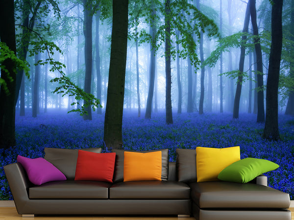 Self-Adhesive Wallpaper For Bedroom Or Lounge – “Blue Flowers In A Foggy Forest” – Full Wall Design