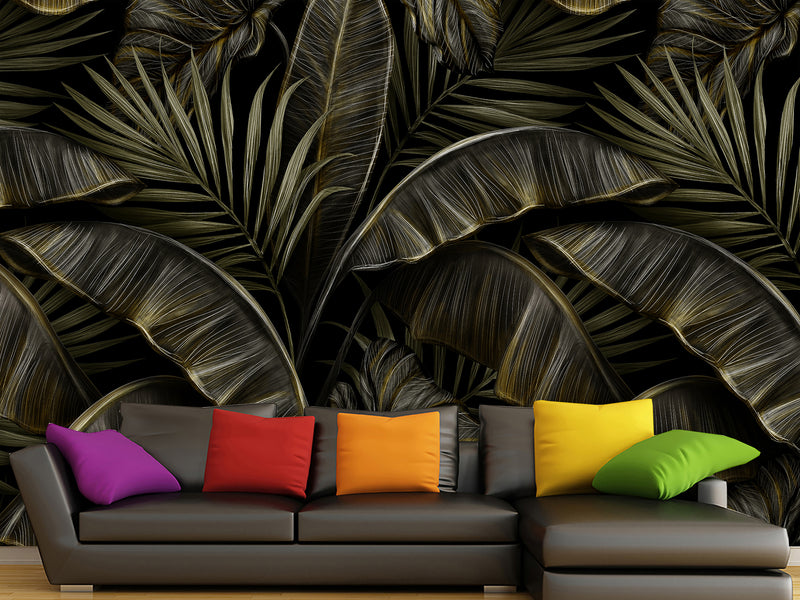 Floral Full-Wall Print Non-Woven Photo Wallpaper Tropical Design For Office Or Bedroom "Banana Leaves"