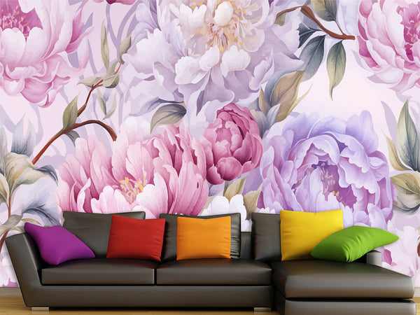 Floral Print Vinyl Wallpaper  Peel and Stick for Bedroom or Living Room – "Violet Peonies"