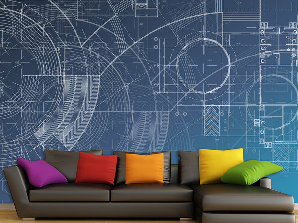 Peel and Stick Vinyl  Wall mural “Blueprint engineering " Wallpaper for For Office,  Home decor