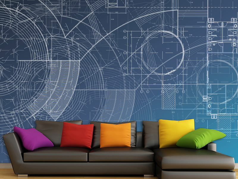 Peel and Stick Vinyl  Wall mural “Blueprint engineering " Wallpaper for For Office,  Home decor