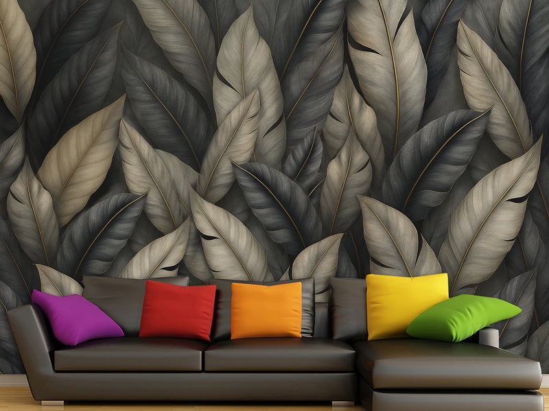 Natural Print Vinyl Wallpaper Peel and Stick For Living Room, Bedroom "Dark Chic: Abstract Leaves"