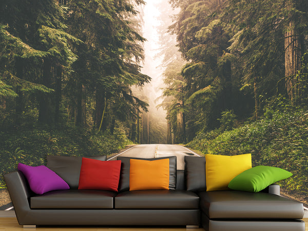 Vinyl Wallpaper Peel and Stick Produced In 3 Days Design For Office, Living Room "Road After Rain In A Foggy Forest"