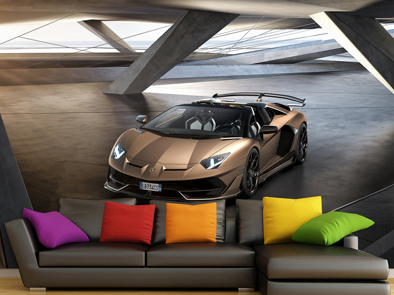 Premium Non-Woven Wallpaper for Teen Room - Lamborghini Aventador Gold 3D Wall Mural