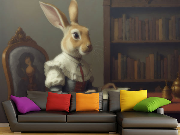 Pell and stick Wall Mural Lady Rabbit In The Reading Room Wallpaper – For Office, Study, Or Living Room