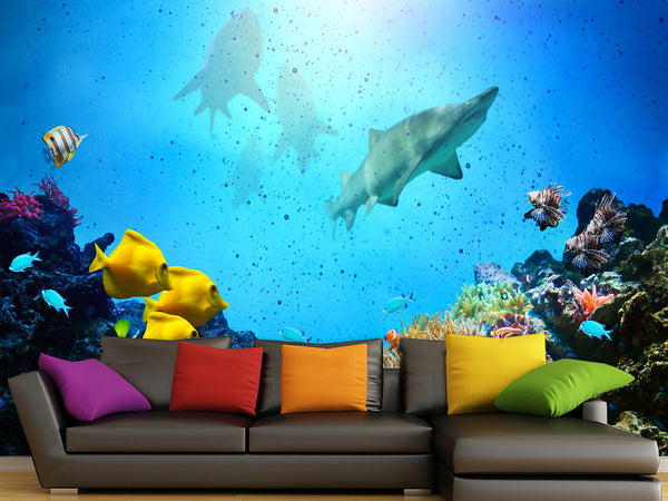Self-Adhesive Photo Wallpaper With Marine Print “Fish And Sharks” For Lounge And Bedroom Desing