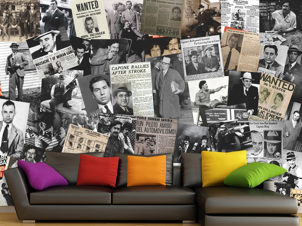 Peel and Stick Mural for Gym, Living Room, Workshop – "Gangsters and Mafia" Vintage-style Wallpaper Featuring Images of Crime Bosses