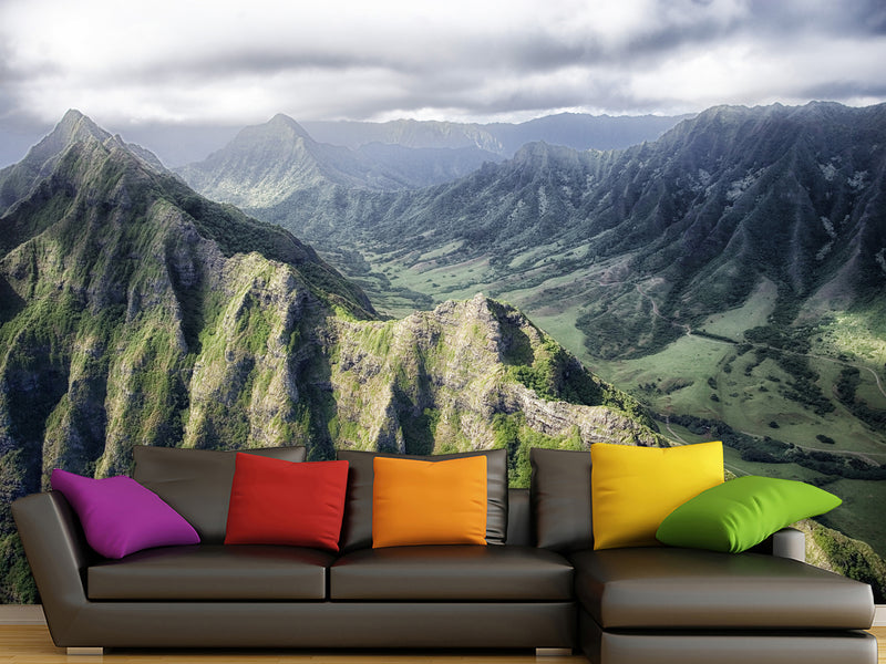 Motivational Art Print for Relaxation, Vinyl Wallpaper Peel and Stick Mural for Living Room 'Mountains from Above', 3D Wall Mural