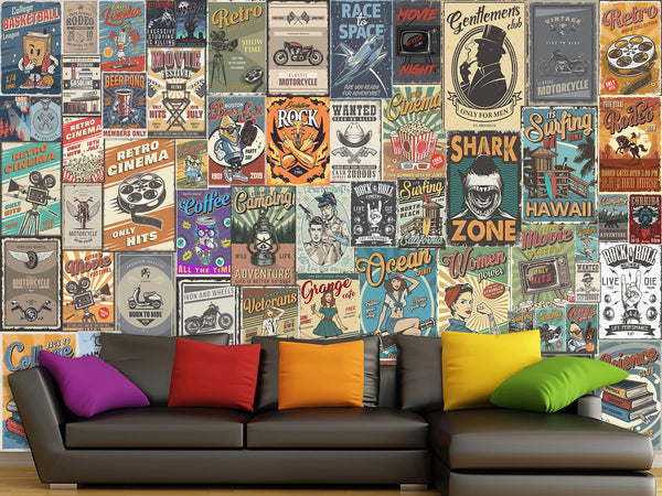 Wall mural Retro Poster Wallpaper – Vintage Ad Style Decor For Gym Or Recreation Room