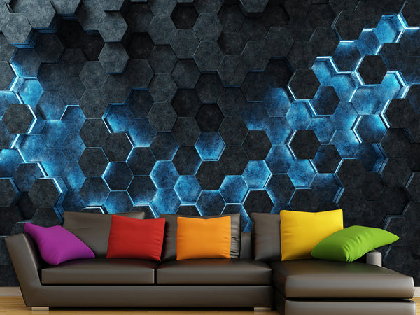 Non-Woven Wallpaper for Office & Home Workspace – Modern Wall Decor – Black-Blue Hexagons