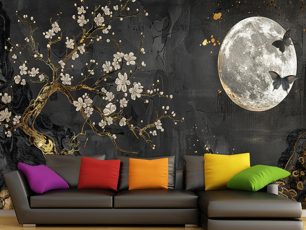Non-Woven Mural Art Accent Wall For Bedroom, Lounge Area "Golden Plum Tree In Moonlit Night – Mural Background"