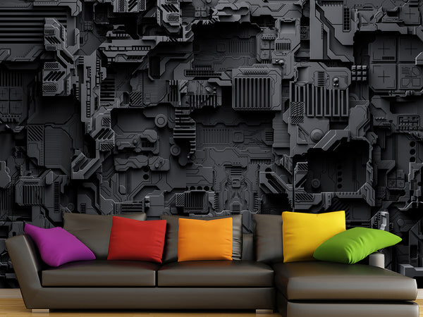 Peel and Stick Vinyl Wallpaper Technological Plating Spaceship Robot Abstract Graphics Style for Gym & Living Room