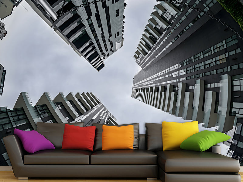 Urban Style Peel and Stick Full-Wall Wallpaper Looking Up at Skyscrapers Design for Living Room or Office