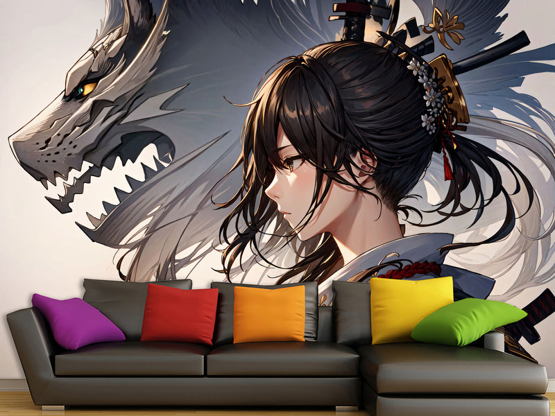 Traditional Anime-Style Wall Mural – "Samurai Girl" for Office or Living Room, Non-Woven Wallpaper