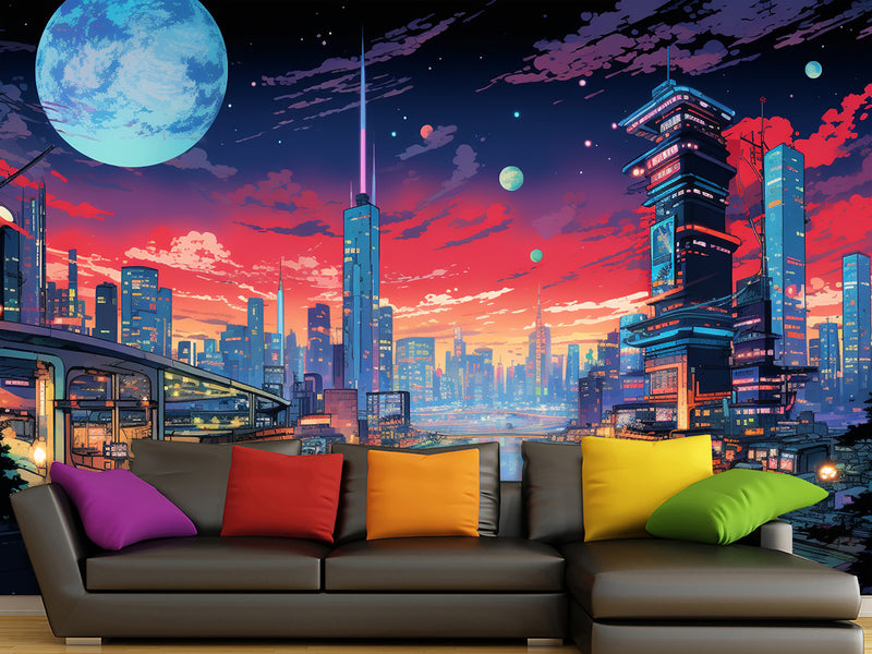 High-Quality Full-Wall Vinyl Wallpaper Peel and Stick for Office or Gym – "Cityscape Inspired by Anime", Modern Design Mural