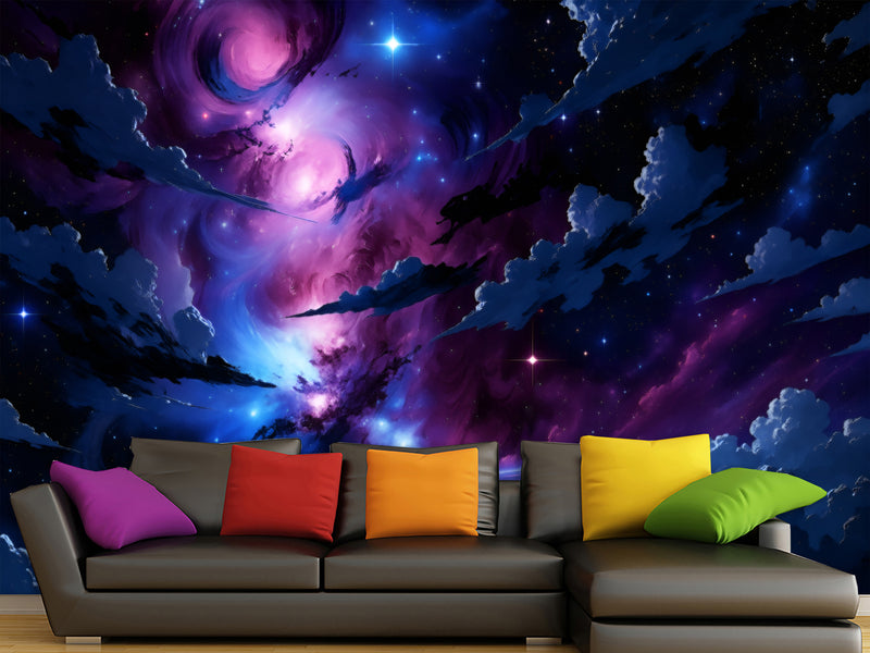 Self-Adhesive Wall Mural Interesting Universe Design For Living Room Bedroom "Cosmic Storm Of Light"✨