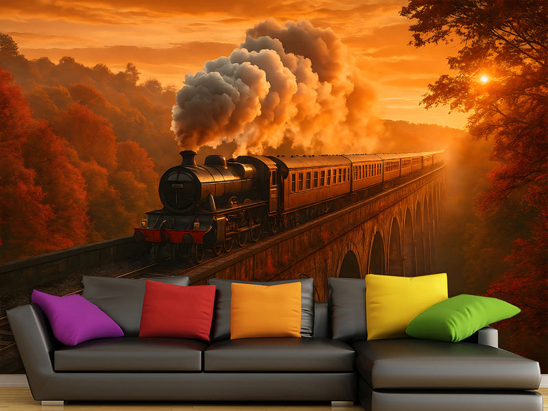 Print For Room Modern Design Self-Adhesive Wallpapers For Whole Wall Design For Bedroom Living Room "Train In Autumn Glow"