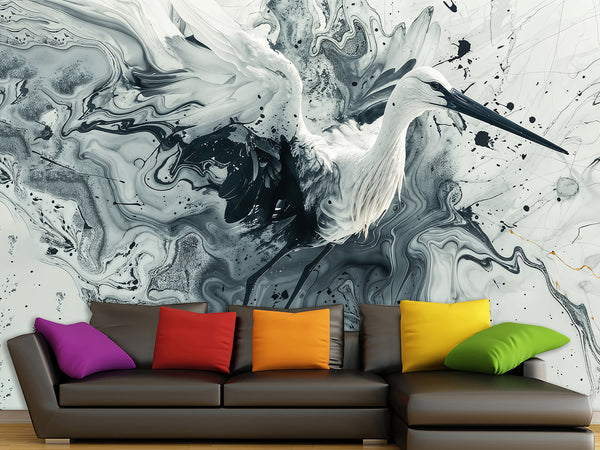 Full-Wall Peel and Stick Wallpaper – Art Print "Dance of the Stork in Abstraction" Mural for Office, Study, or Living Room