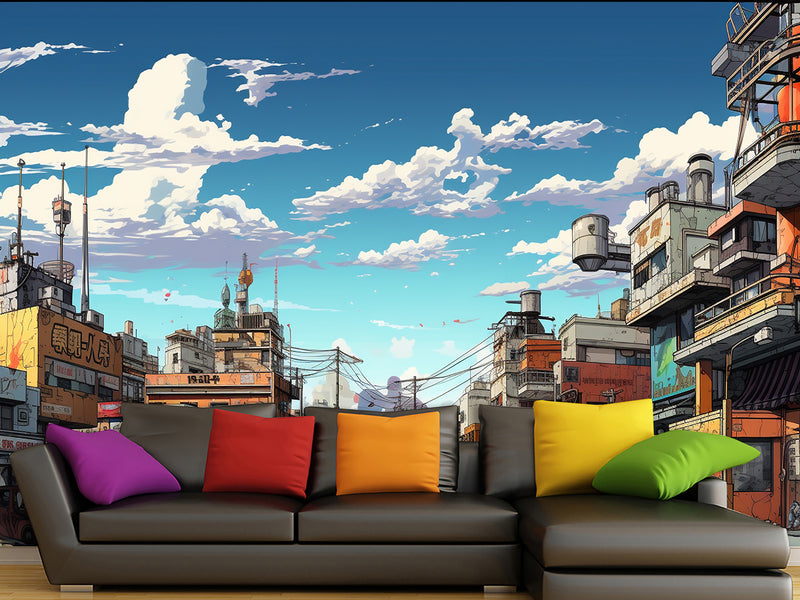 Modern Self-Adhesive Wallpaper – "Anime-Style City" Art Design for Bedroom or Living Room