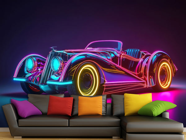 Self-Adhesive Wall Mural for Home Interior Peel and Stick Wallpaper Retro Car in Neon Lights Prant for Bedroom or Gym