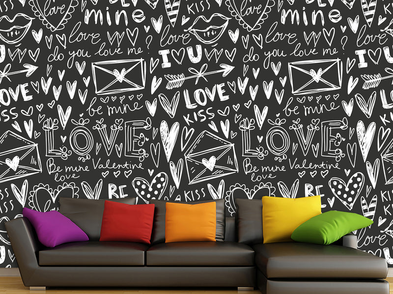 Black And White Graffiti Vinyl Wallpaper Peel and Stick For Room, Creative Space "Letters Of Love" ✉️