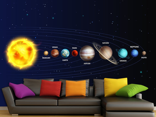 Traditional Wallpaper Mural – Solar System: From the Sun to Pluto – Full Wall Design for Office or Workspace