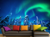 Non-Woven Full Wall Mural Wallpaper Northern Lights in a Winter Forest For Lounge Area, Bedroom, Or Reception