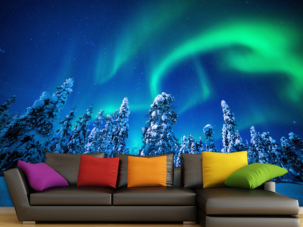 Non-Woven Full Wall Mural Wallpaper Northern Lights in a Winter Forest For Lounge Area, Bedroom, Or Reception