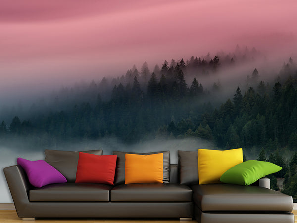Peel & Stick Wall Mural – "Emerald Sky Over the Foggy Forest",  Vinyl Wallpaper For  Living Room, Bedroom, Or Stylish Home Interior Decor