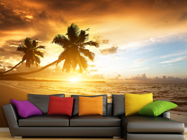 Vinyl Wallpaper Peel & Stick for Living Room or Bedroom – "Sunset on the Beach" Accent Wall Mural