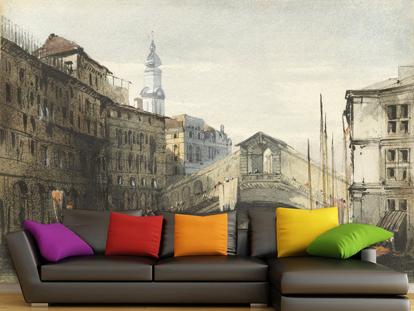 Peel and Stick Mural Vintage Style For Living Room or Bedroom - William Callow The Rialto Bridge Venice